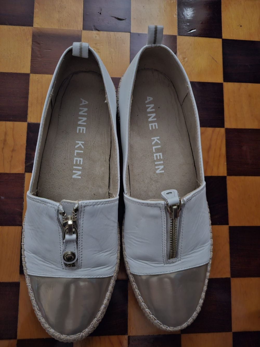 Anne Klein White and Silver Zip-Front Slip-On Flats